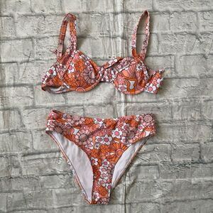Women M 2 piece floral print hi leg bikini bottom & tie back top w/pads